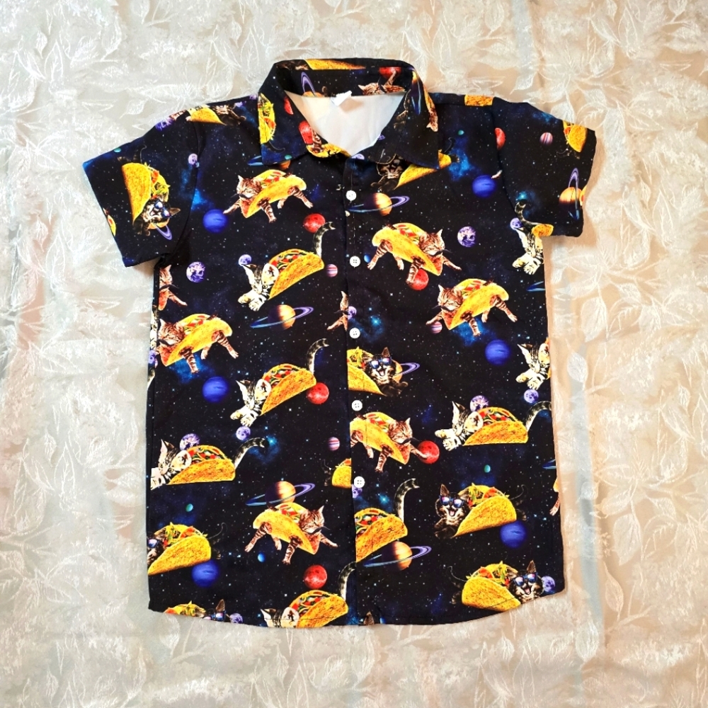 Funny Co Kid Polo Shirt Taco Cats Size L Teenage Fun Planets Solar System Cool